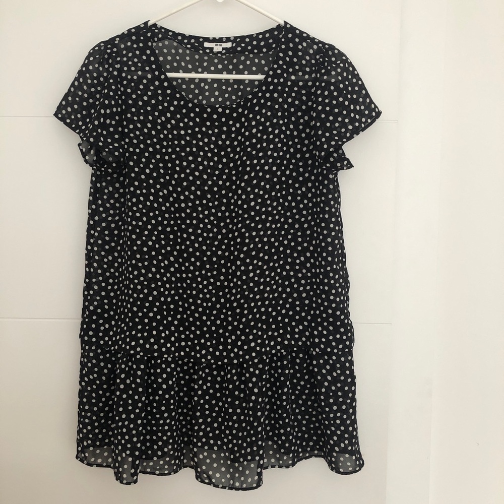 Uniqlo Black + White Polka Dot Drop Waist Top